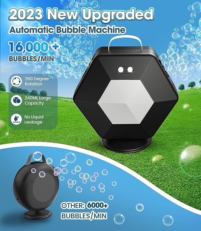 Upgraded Bubble Machine, 16000+ Bubbles Per Minute, Automatic Bubble Maker Toy for Outdoor Parties, Birthday,Wedding, Christmas,360¡ãRotatable Bubble Blower With 2 Bubble Solution