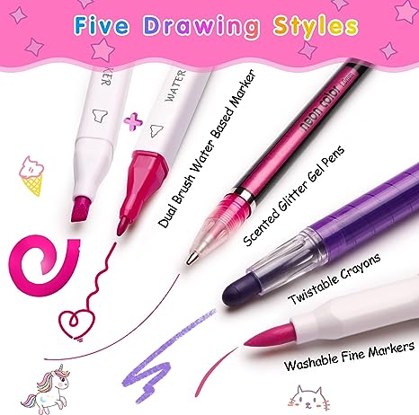 Pink Fruit Scented Markers Set, School Supply Kit 56 Pcs with Unicorn Pencil Case, Unicorn Gifts for Girls Ages 4-6-8, Art Supplies Christmas Birthday Gift for Kids 3+