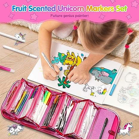 Pink Fruit Scented Markers Set, School Supply Kit 56 Pcs with Unicorn Pencil Case, Unicorn Gifts for Girls Ages 4-6-8, Art Supplies Christmas Birthday Gift for Kids 3+