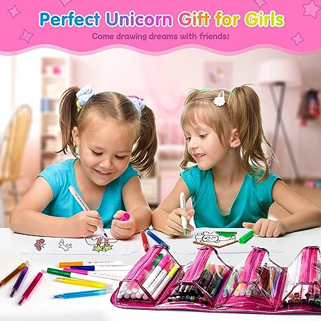 Pink Fruit Scented Markers Set, School Supply Kit 56 Pcs with Unicorn Pencil Case, Unicorn Gifts for Girls Ages 4-6-8, Art Supplies Christmas Birthday Gift for Kids 3+