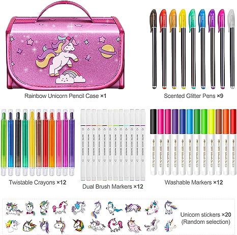 Pink Fruit Scented Markers Set, School Supply Kit 56 Pcs with Unicorn Pencil Case, Unicorn Gifts for Girls Ages 4-6-8, Art Supplies Christmas Birthday Gift for Kids 3+