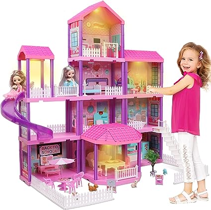 36 inch Dollhouse, with Slide, Dolls and 11 Rooms, Creative Dollhouse Toys for Girls, Gift for 3 to 8 Year Old, Assembly Required