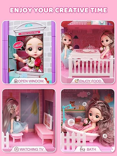 36 inch Dollhouse, with Slide, Dolls and 11 Rooms, Creative Dollhouse Toys for Girls, Gift for 3 to 8 Year Old, Assembly Required