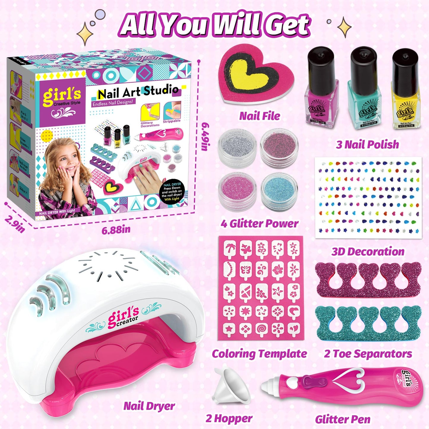 Beefunni Kids Nail Polish Set, Nail Art Kit for Girls Age 7-12 with Nail Dryer, Nail Kit Kids, Birthday Gift for Kids 3-12 Years Old