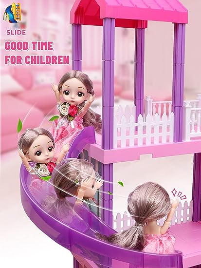 36 inch Dollhouse, with Slide, Dolls and 11 Rooms, Creative Dollhouse Toys for Girls, Gift for 3 to 8 Year Old, Assembly Required