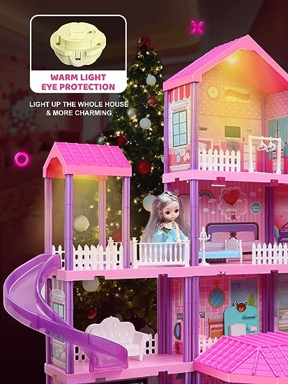 36 inch Dollhouse, with Slide, Dolls and 11 Rooms, Creative Dollhouse Toys for Girls, Gift for 3 to 8 Year Old, Assembly Required