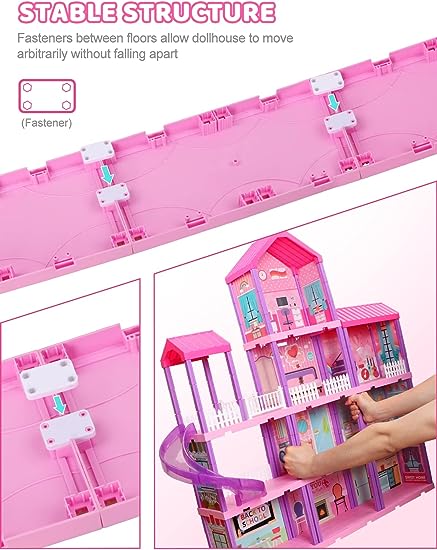 36 inch Dollhouse, with Slide, Dolls and 11 Rooms, Creative Dollhouse Toys for Girls, Gift for 3 to 8 Year Old, Assembly Required