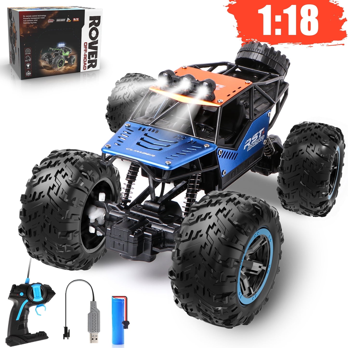 Beefunni Blue Remote Control Cars 1:18, All Terrain Metal Shell 4X4 Off-Road Vehicle Monster Truck, High Speed 2.4 GHz RC Car Christmas Gift for Kids 6+ & Adults