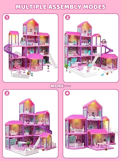 36 inch Dollhouse, with Slide, Dolls and 11 Rooms, Creative Dollhouse Toys for Girls, Gift for 3 to 8 Year Old, Assembly Required
