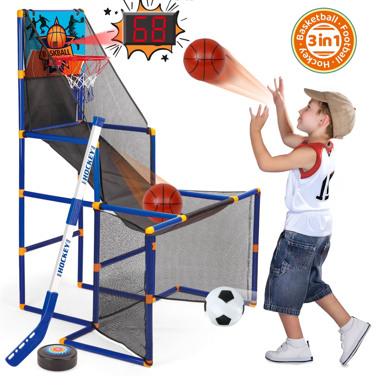 Beefunni 3-in-1 Kids Basketball Hoop Arcade Game, Scoor, Hockey, Indoor and Outdoor Sports Toy for Kids Age 3 4 5 6 7 8+, Birthday Christmas Gift for Boys Girls 3-12