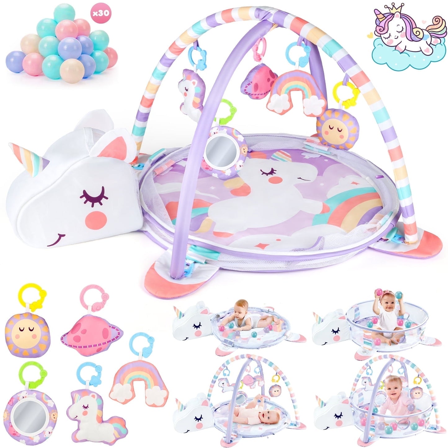Beefunni Baby Play Mat, 4-in-1 Unicorn Tummy Time Mat & Ball Pit, Baby Activity Play Mat, Gym & Sensory Toys, 0-12 Months