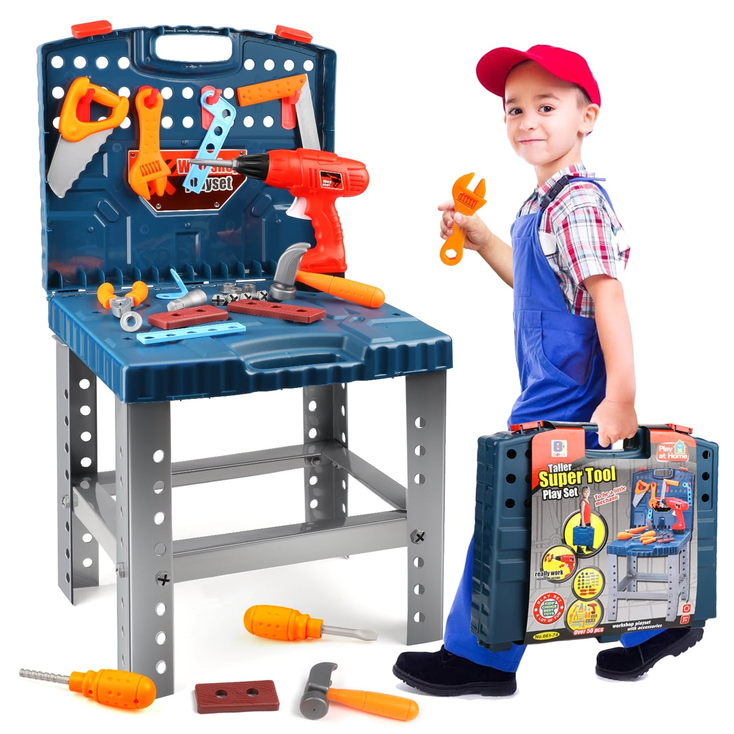 56 Pcs Kids Tool Bench Play Set, Foldable Pretend Workbench Accessories, Realistic Power Tools Workshop Construction Toys with Drill, Christmas Gift Toys for Boys Girls 3 4 5 6+