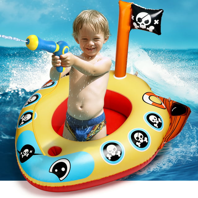 Inflatable Toddler Pool Float with Water Gun, Pirate Ship Pool Toys for Kids,Yellow