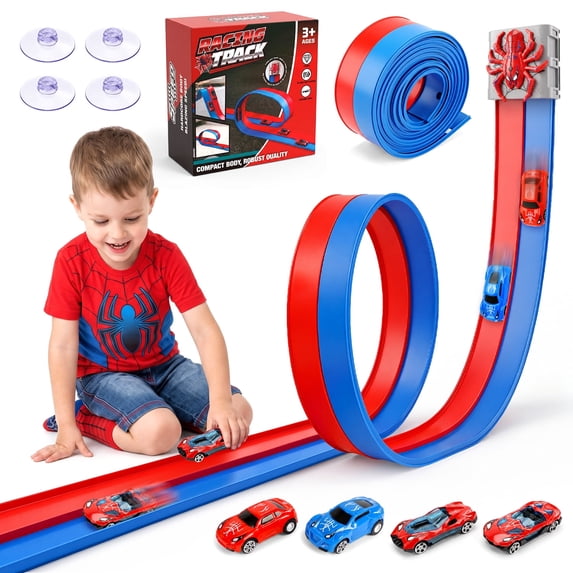 Beefunni Flexible Race Track Set for Kids Ages 3+, Spider-Themed Dual Lane Toy Car Track with 4 Cars, 4 Suction Cups and 1/64 Diecast-Style Car Compatibility