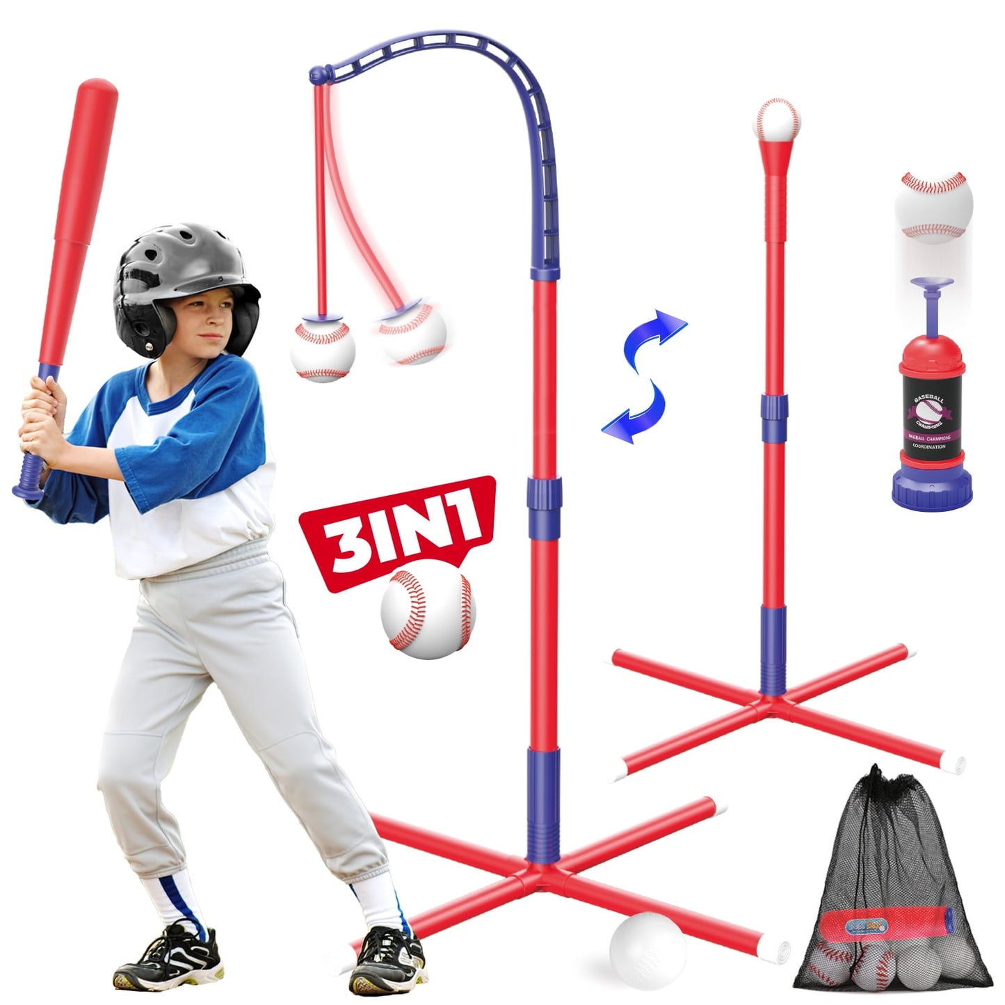 Beefunni 3-in-1 Baseball Set for Toddlers Kids 3-8 - Tee Ball Stand, Hanging Tee, Ball Launcher and 6 Baseballs - Indoor/Outdoor Sport Gifts for Boys (Red&Blue)