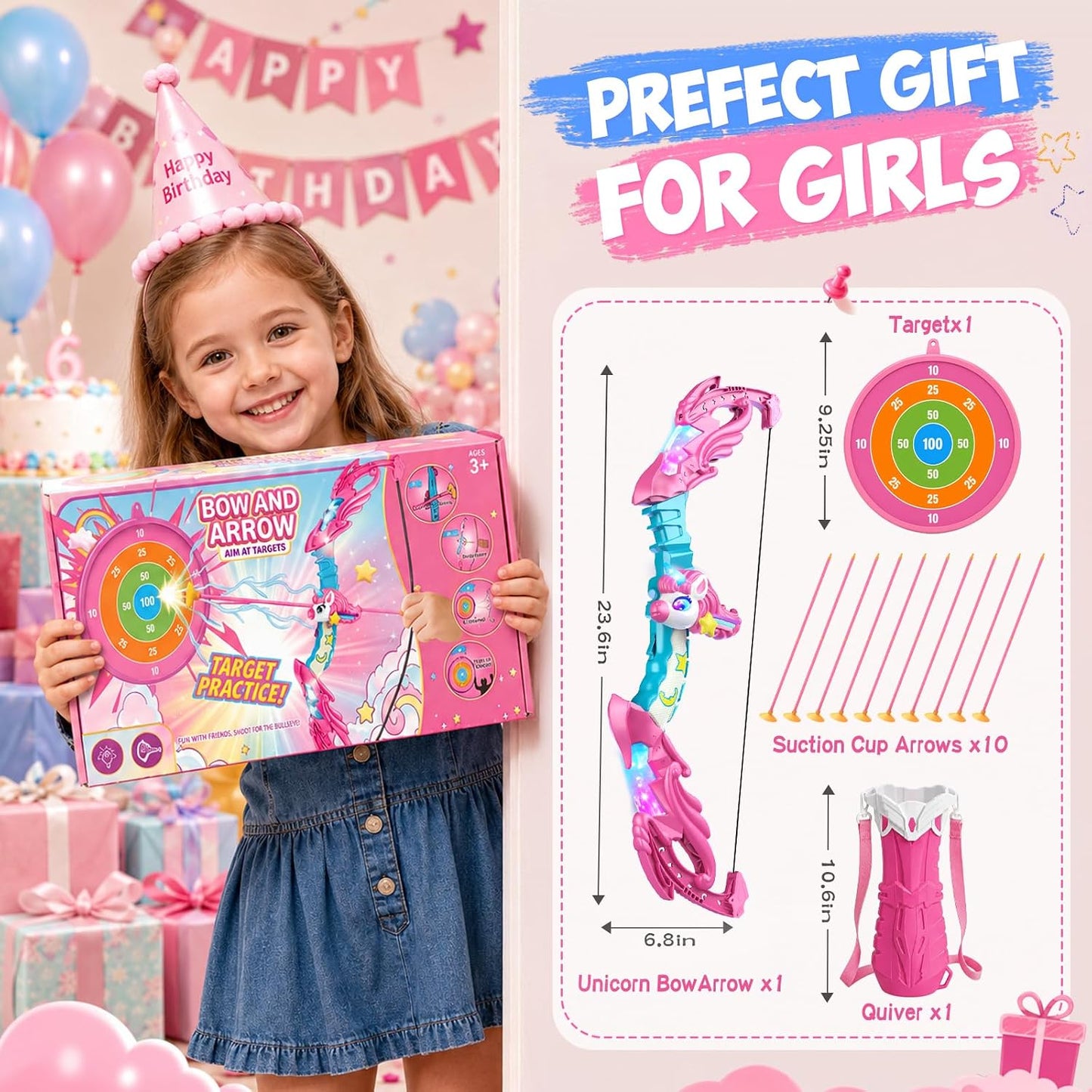 beefunni Unicorn Bow and Arrow Set for Girls Ages 3-12, LED Light Up Kids Archery Toy Set with 10 Suction Cup Arrows, Christmas Birthday Gifts for Girls Ages 4-6