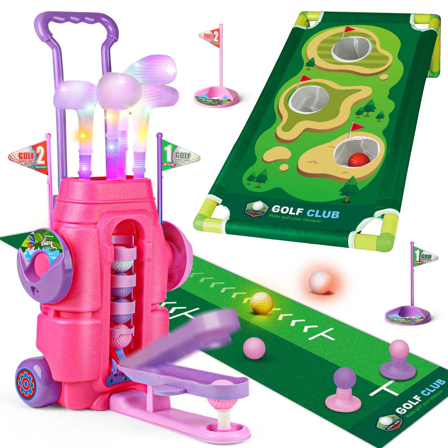 Beefunni Kids Golf Club Set with 8 Balls & 4 Golf Clubs£¬Glow-in-the Dark Golf Club Set for Kid, Toddler Indoor Outdoor Sport Toys for Girls Boys, Birthday Gift for 3 4 5 6 Years Old