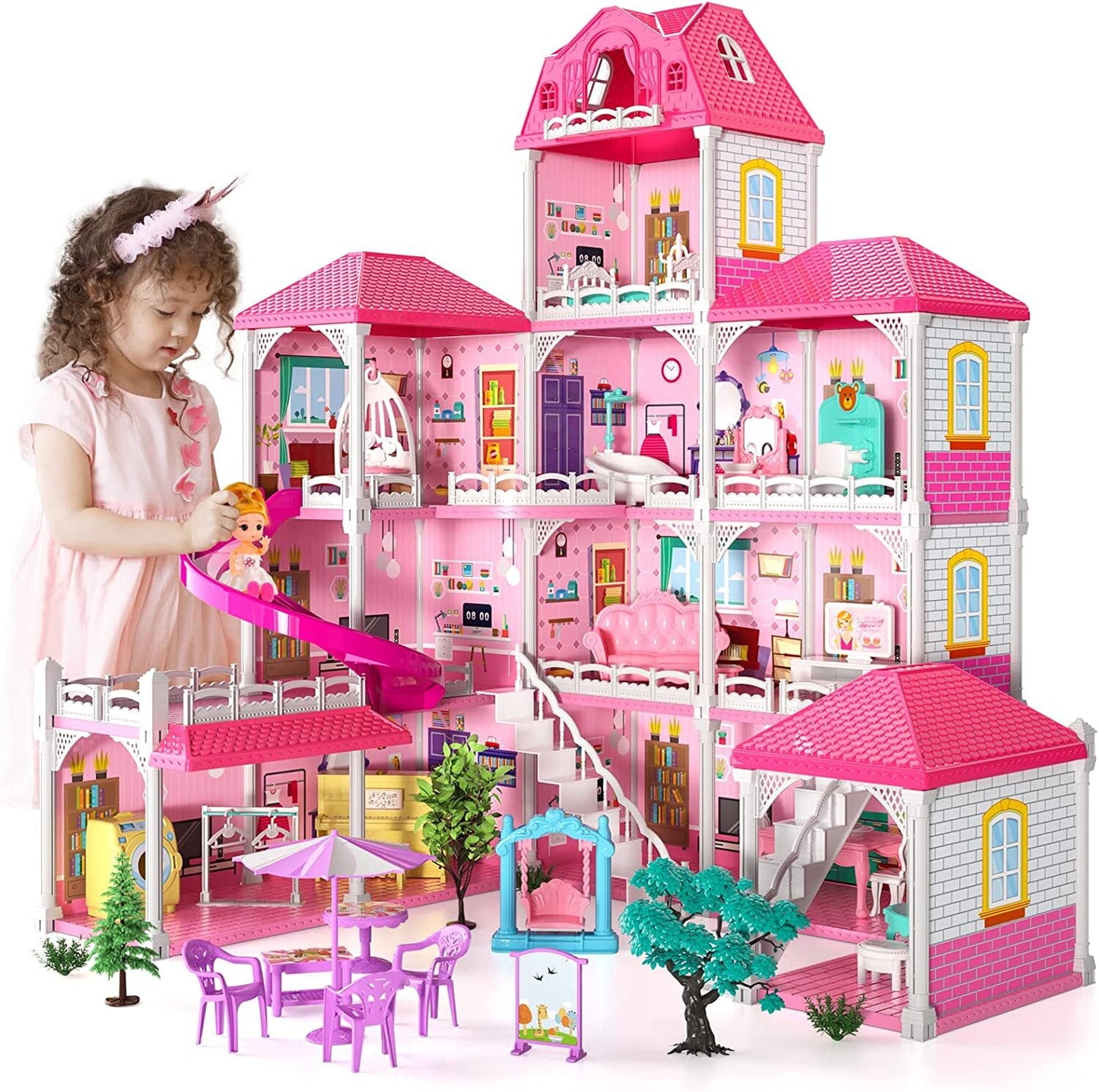 Dollhouse for Girls,4 Stories 12 Rooms Dollhouse with 2 Princesses Slide Accessories,Toddler Playhouse Gift for for 3 -6 Year Old Girls Toys