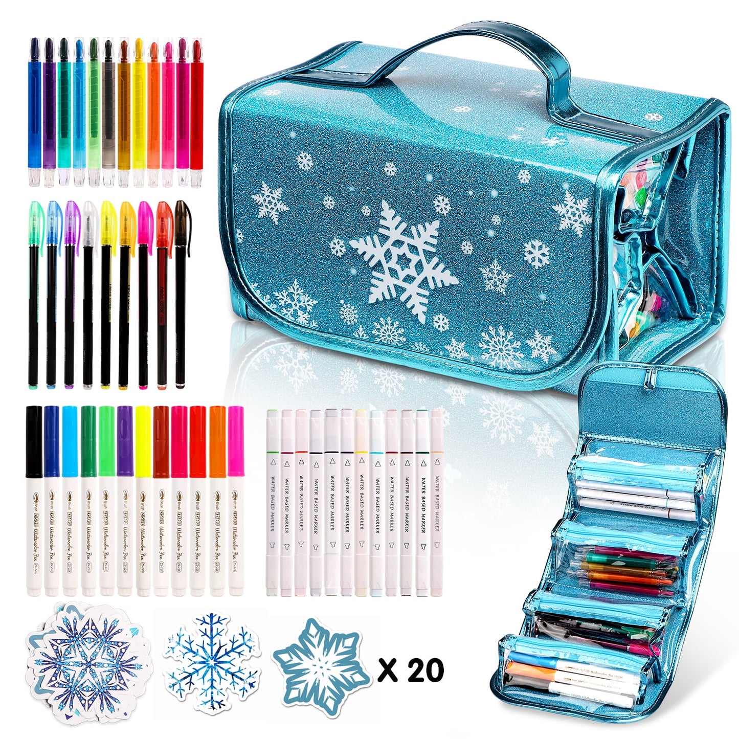 Blue Fruit Scented Markers Set, School Supply Kit 56 Pcs with Frozen Snowflake Pencil Case, Frozen Gifts for Girls Ages 4-6-8, Art Supplies Christmas Birthday Gift for Kids 3+