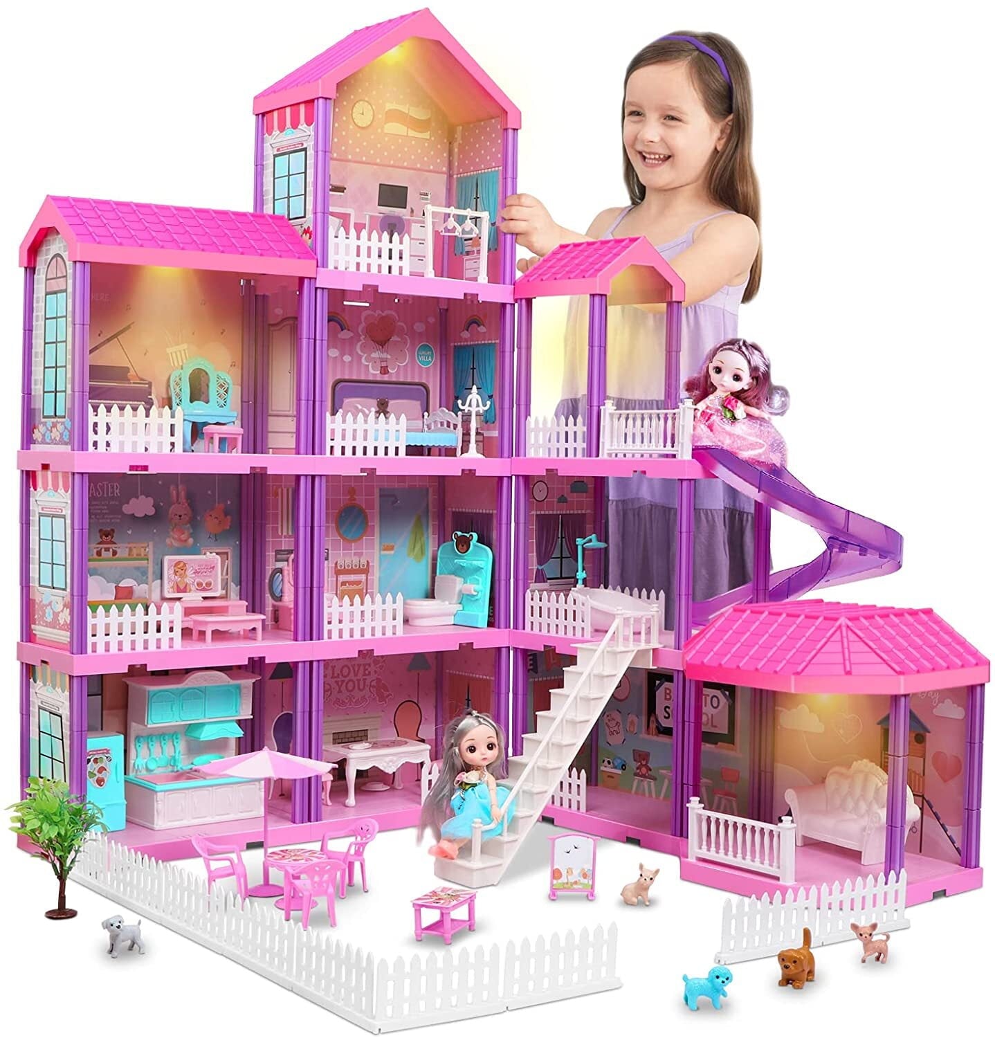 36 inch Dollhouse, with Slide, Dolls and 11 Rooms, Creative Dollhouse Toys for Girls, Gift for 3 to 8 Year Old, Assembly Required