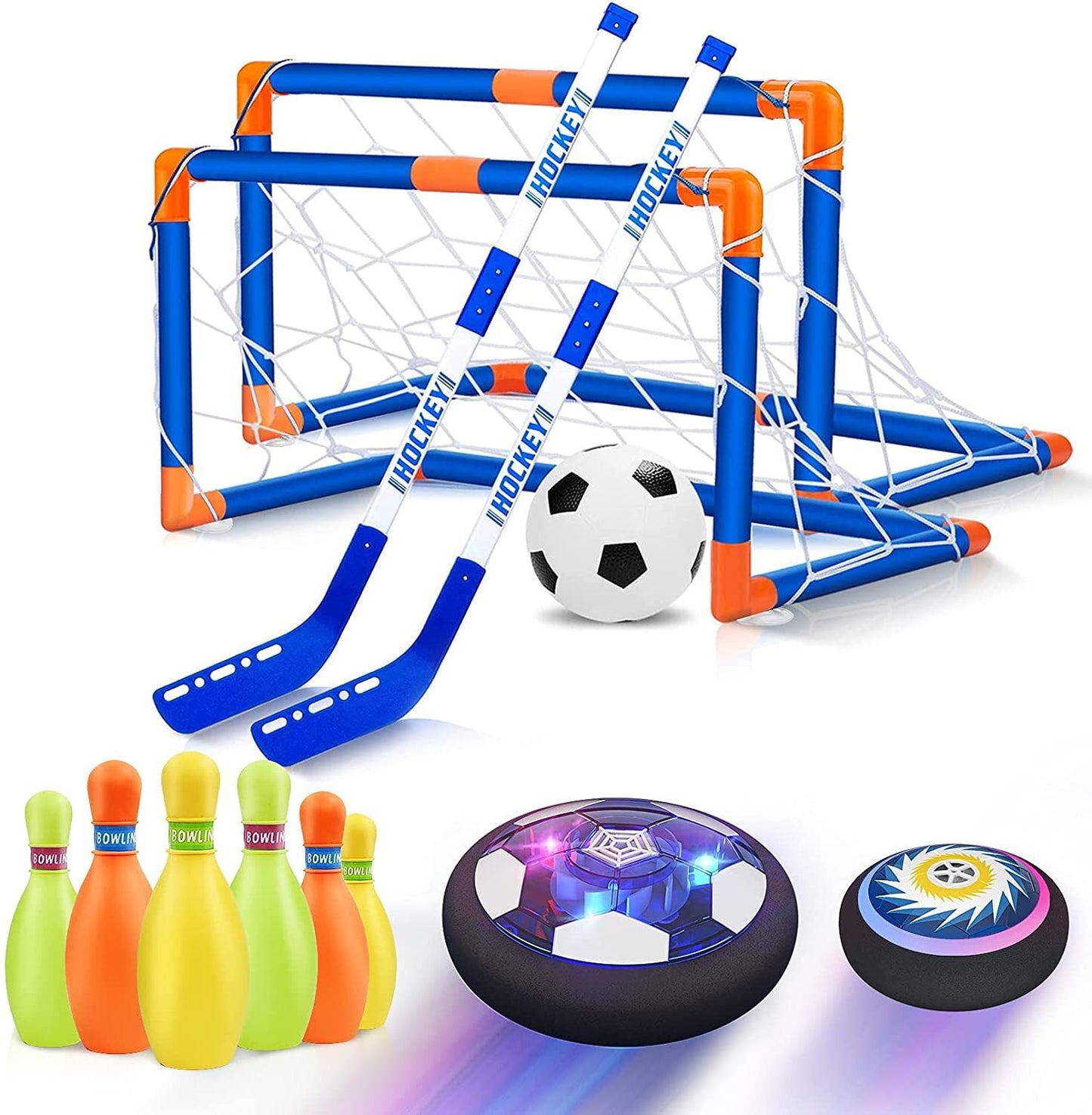 4 in 1 Hover Soccer Ball Hockey Bowling Set Rechargeable Air Soccer Ball with LED Starlight Light for Outdoor Toys Gifts for 3-12 Year Old Boys
