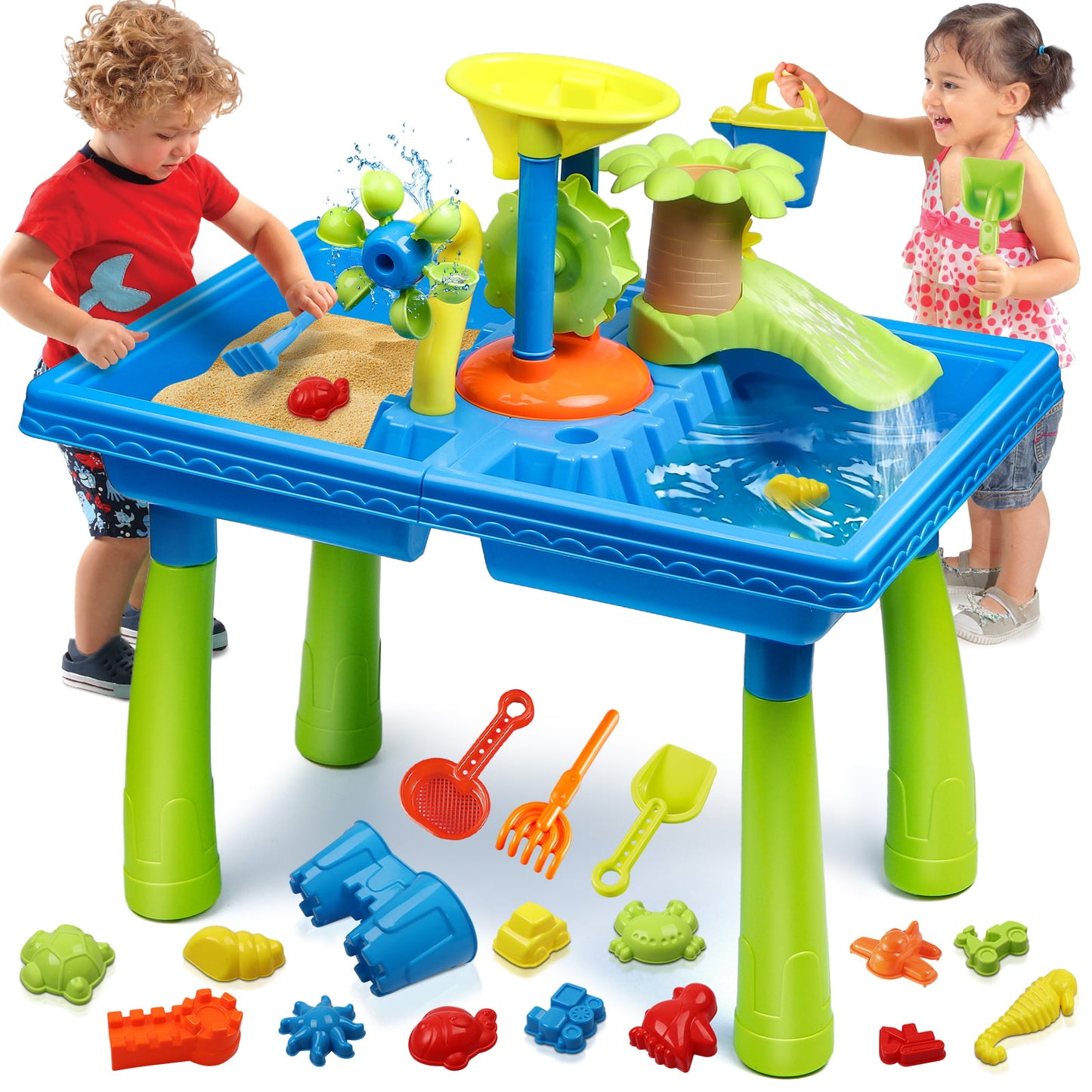 Sand Water Table, Kids Beach Summer Toys Sandbox Table Outdoor Activity Sensory Play Table for Toddlers 1-3