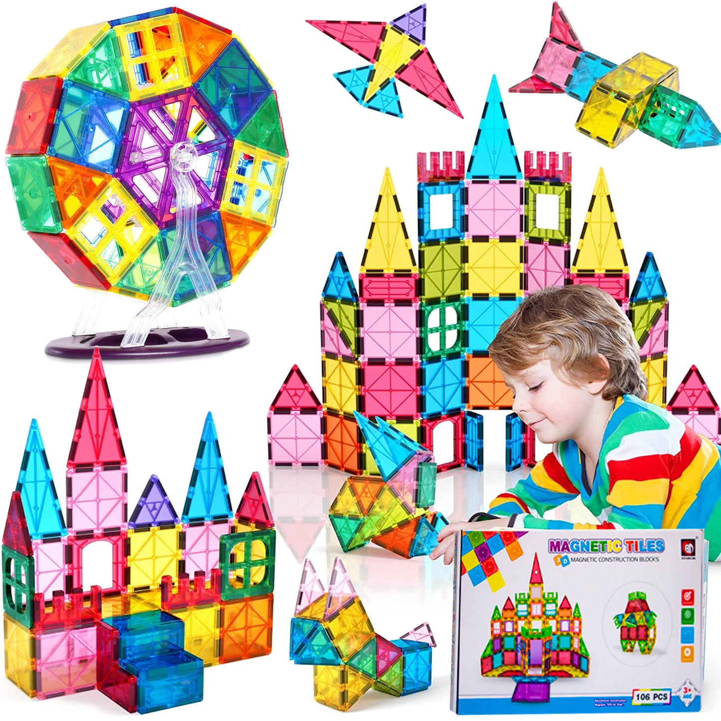 Magnetic Tiles, 106 PCS Creative Magnetic Building Blocks Set for Kids, Magnetic Tiles STEM Educational Toys For Children Ages 3 Years Up