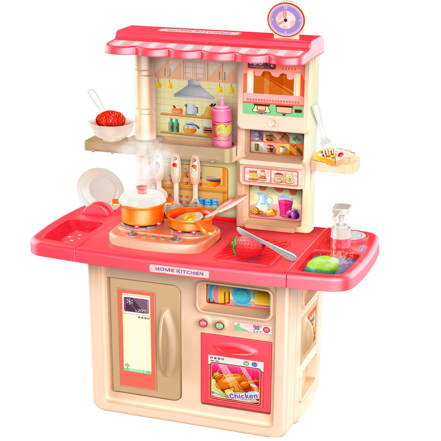 34 inch Pink Play Kitchen Girls Toy Pretend Food - Kitchen Toys for Kids Ages 4-8, Kitchen Set for Toddlers 1-3, Play Kitchen Accessories for Girls Boys