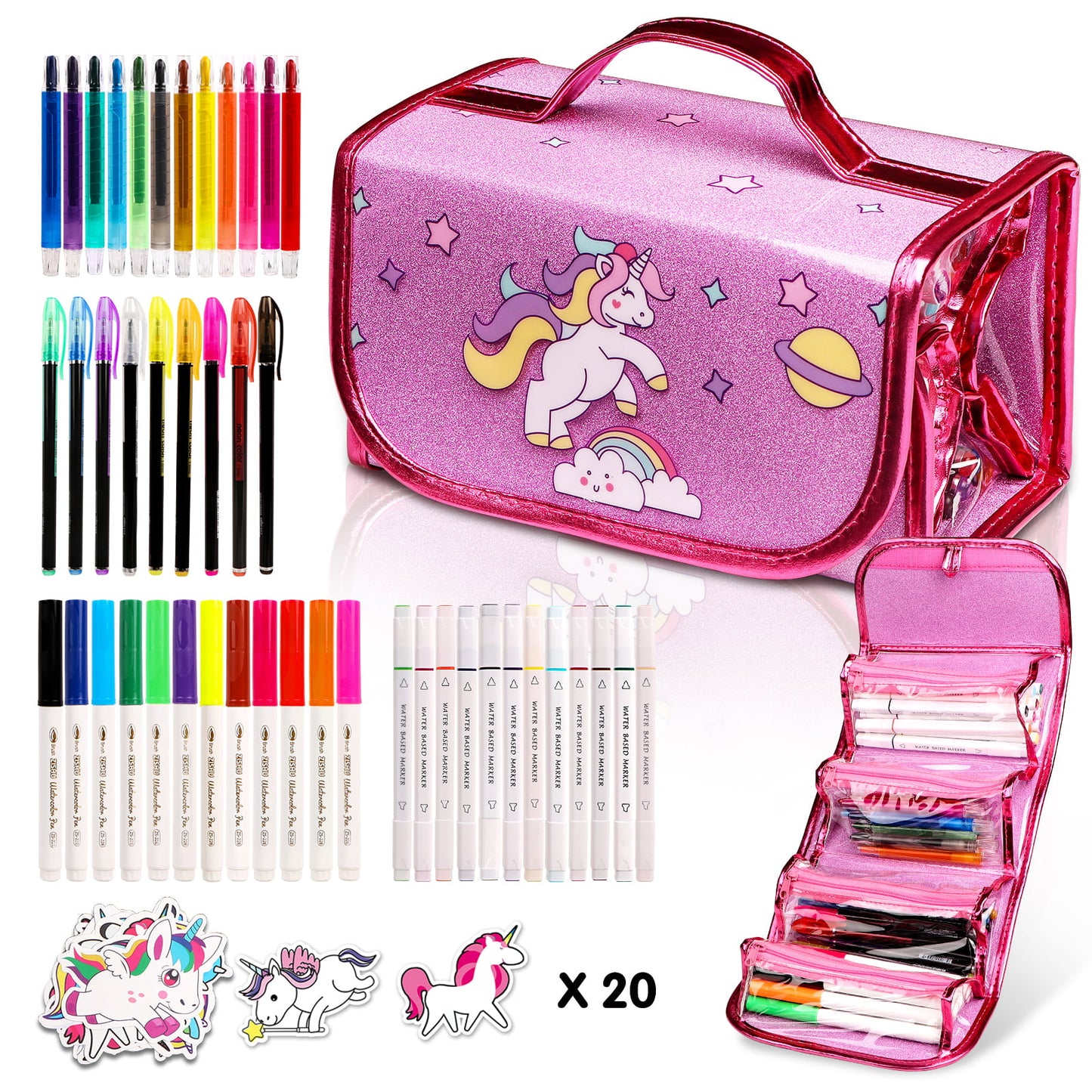 Pink Fruit Scented Markers Set, School Supply Kit 56 Pcs with Unicorn Pencil Case, Unicorn Gifts for Girls Ages 4-6-8, Art Supplies Christmas Birthday Gift for Kids 3+