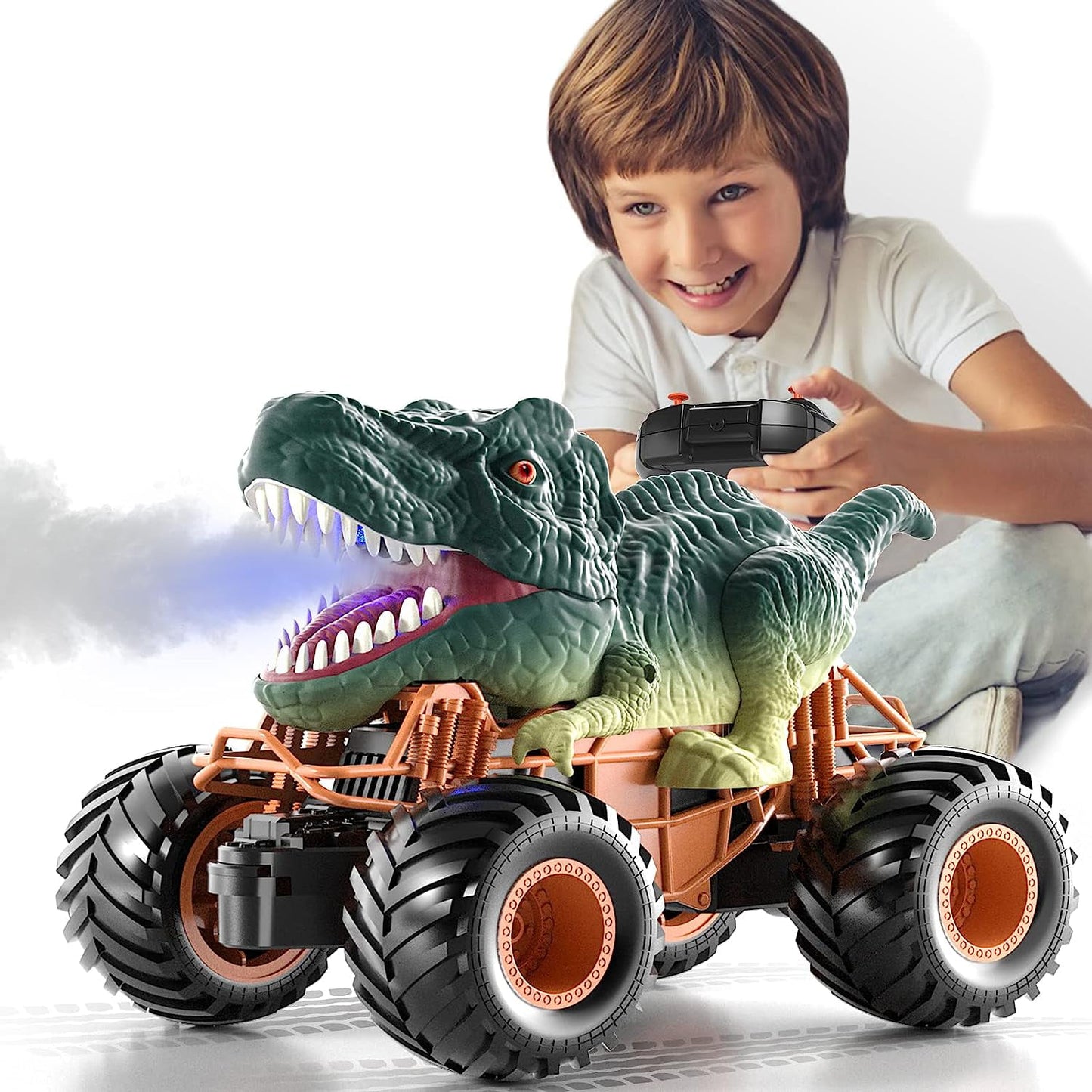 Remote Control Dinosaur Car for Boys, 2.4Ghz RC Dinosaur Truck Toys for Toddlers, Electric RC Car Toys with Light & Sound Spray Function for 3 4 5 6 7 8 Year olds Kids Boys