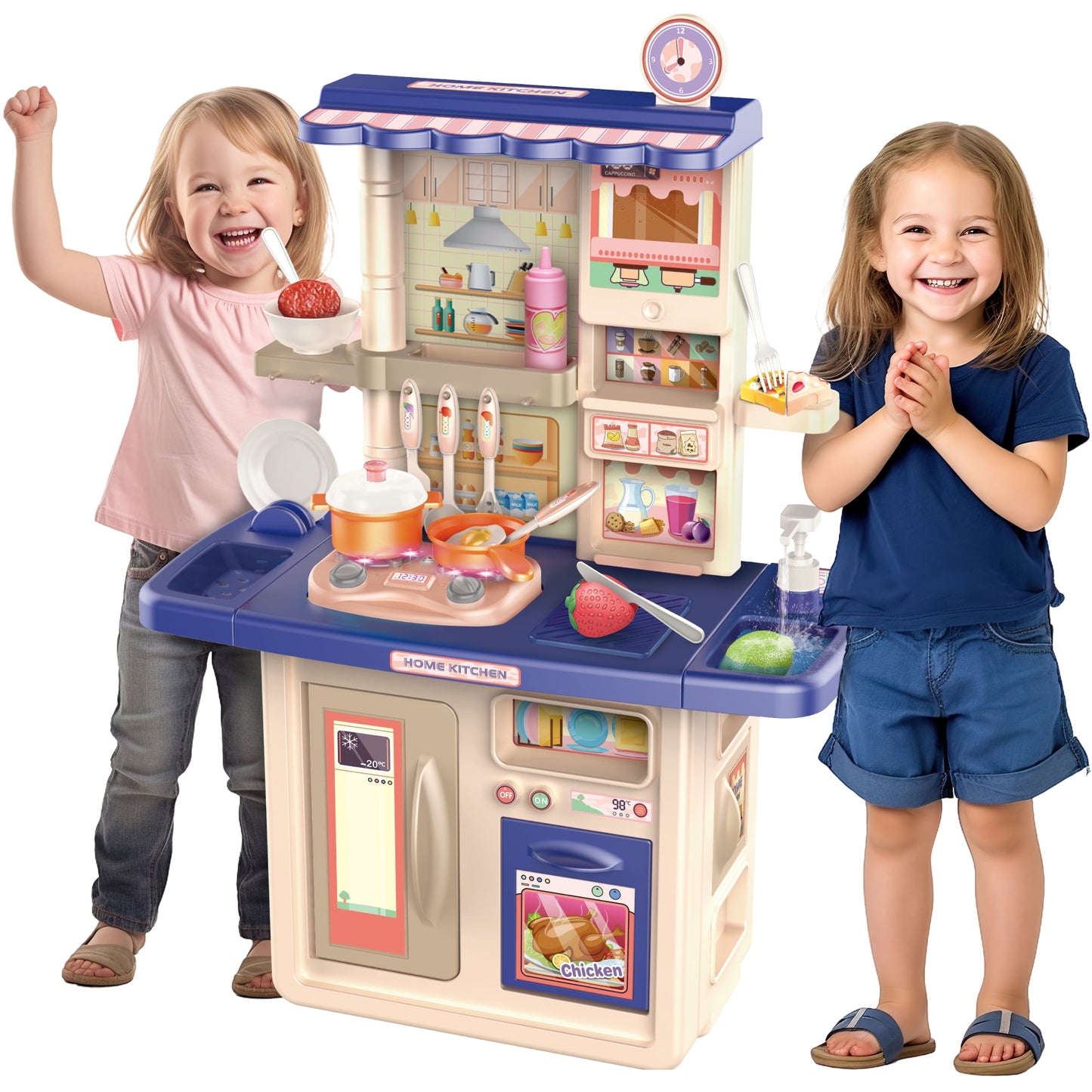 34 inch Blue Play Kitchen Girls Toy Pretend Food - Kitchen Toys for Kids Ages 4-8, Kitchen Set for Toddlers 1-3, Play Kitchen Accessories for Girls Boys