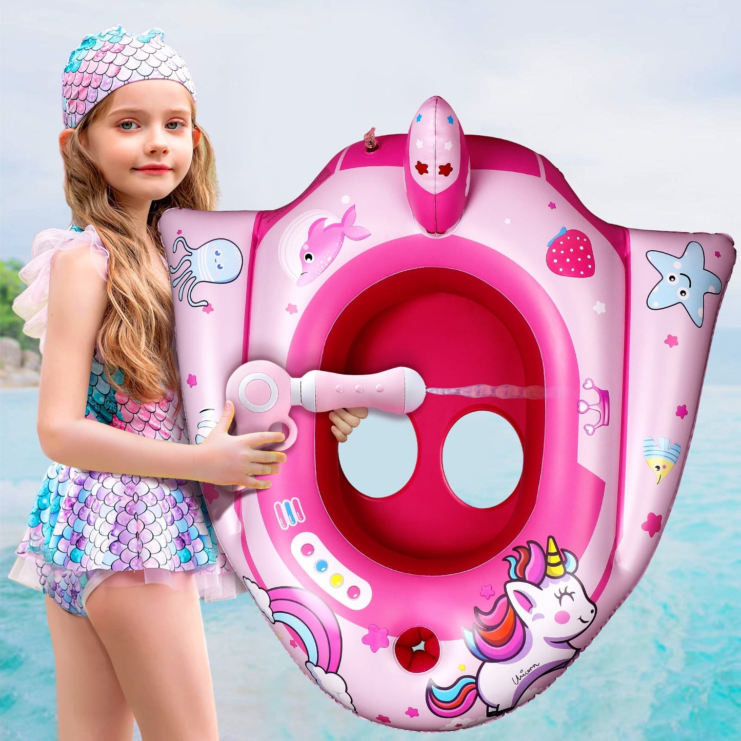 Inflatable Swimming Pool Floats for Kids with Squirt Gun, Ride-on Unicorn Space Boat, Summer Toys Water Floaties for Girls Age 3-12