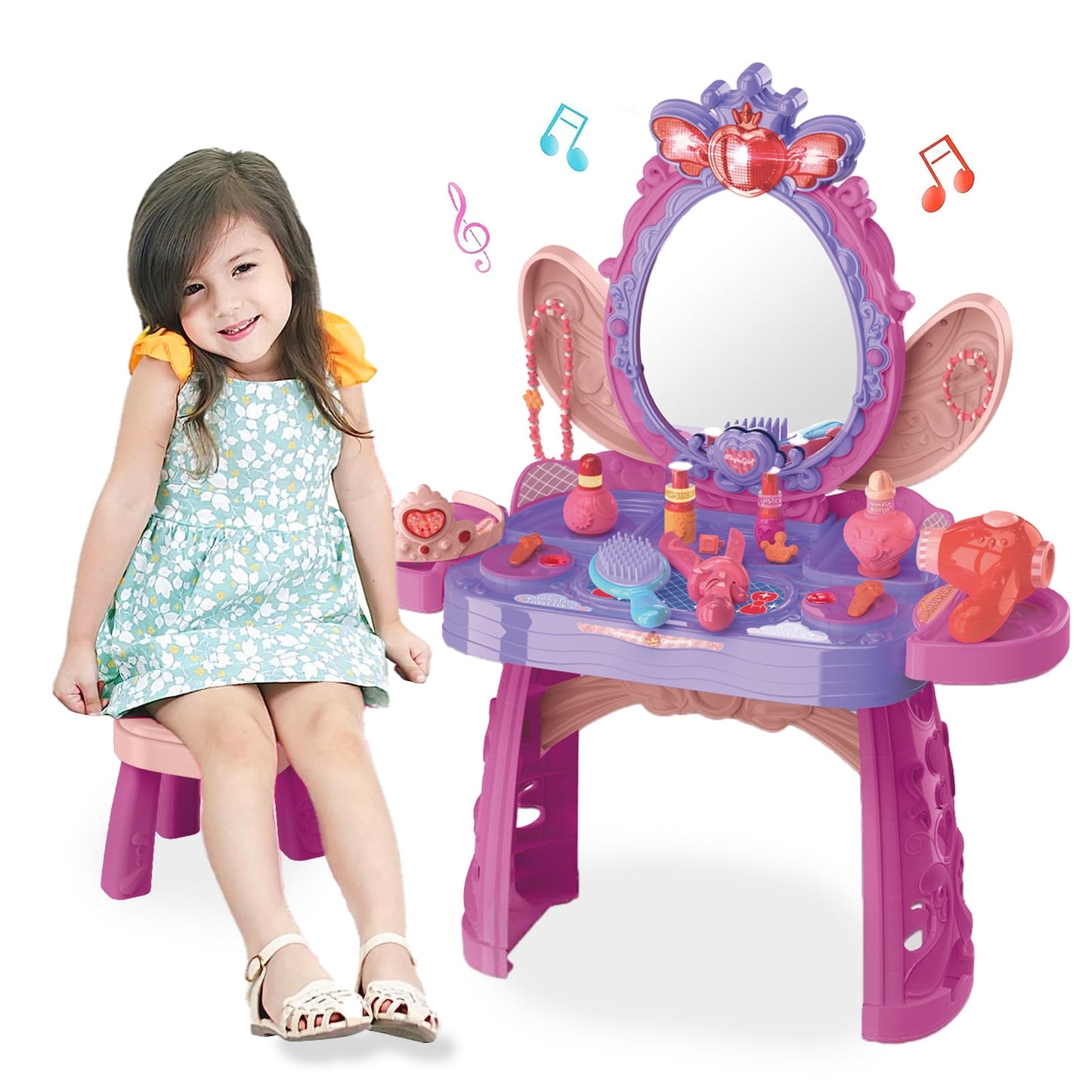 Toddler Pretend Play Girls Vanity Set With Mirror And Stool, Kids Makeup Vanity Table, Includes Fashion Hair & Makeup Acessoriey & Blowdryer,3-8 years old girls toys