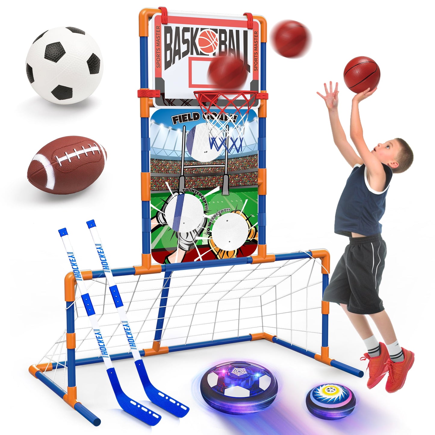 5 in 1 Sports Center Basketball Hoop,Soccer Goal,Hover Ball,Bean Bag Toss and Hockey for Kids Outdoor Toys for Kids Toddler Ages 3 4 5 6 7 8 Years Old