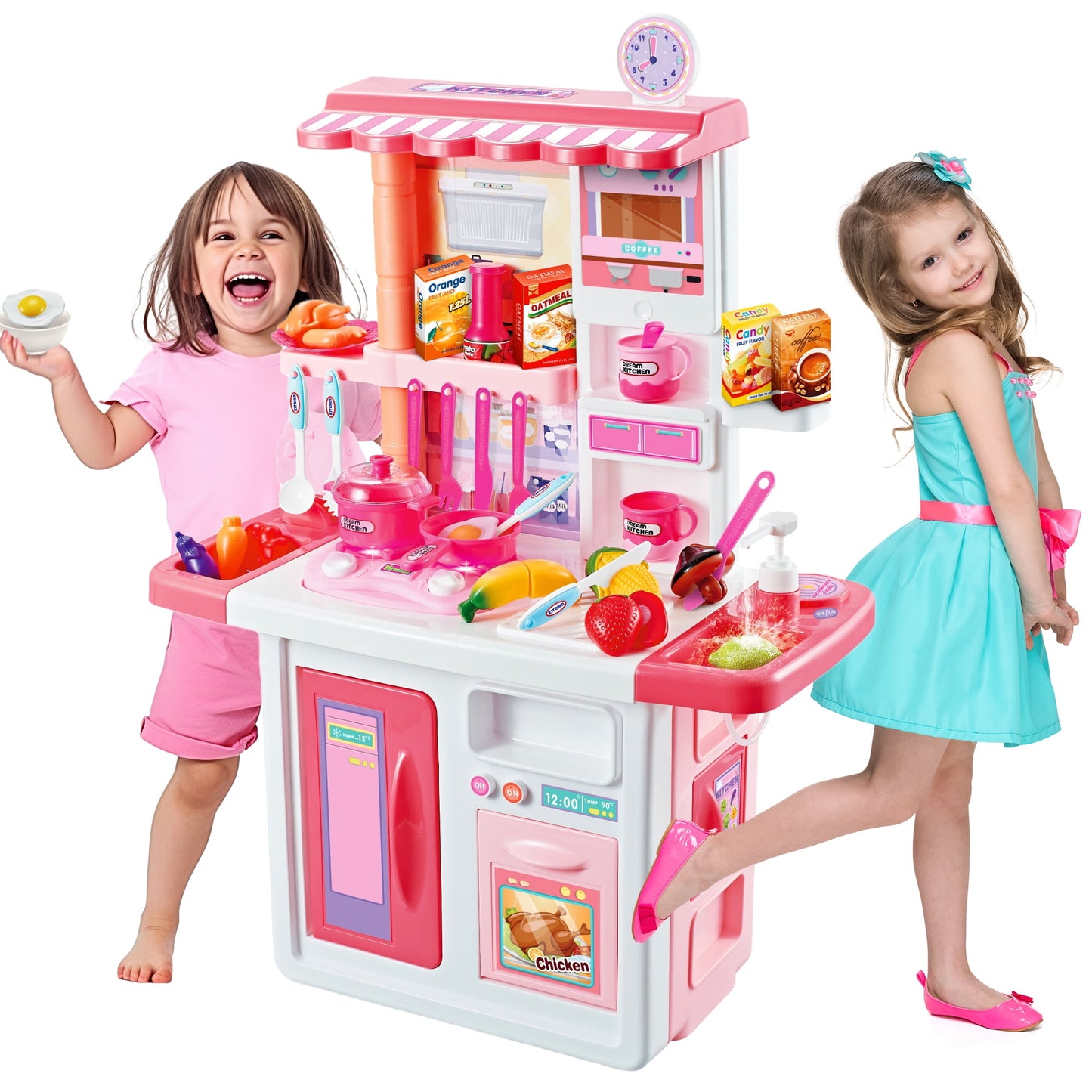 33 inch Pink Play Kitchen Girls Toy Pretend Food - Kitchen Toys for Kids Ages 4-8, Kitchen Set for Toddlers 1-3, Play Kitchen Accessories for Girls Boys