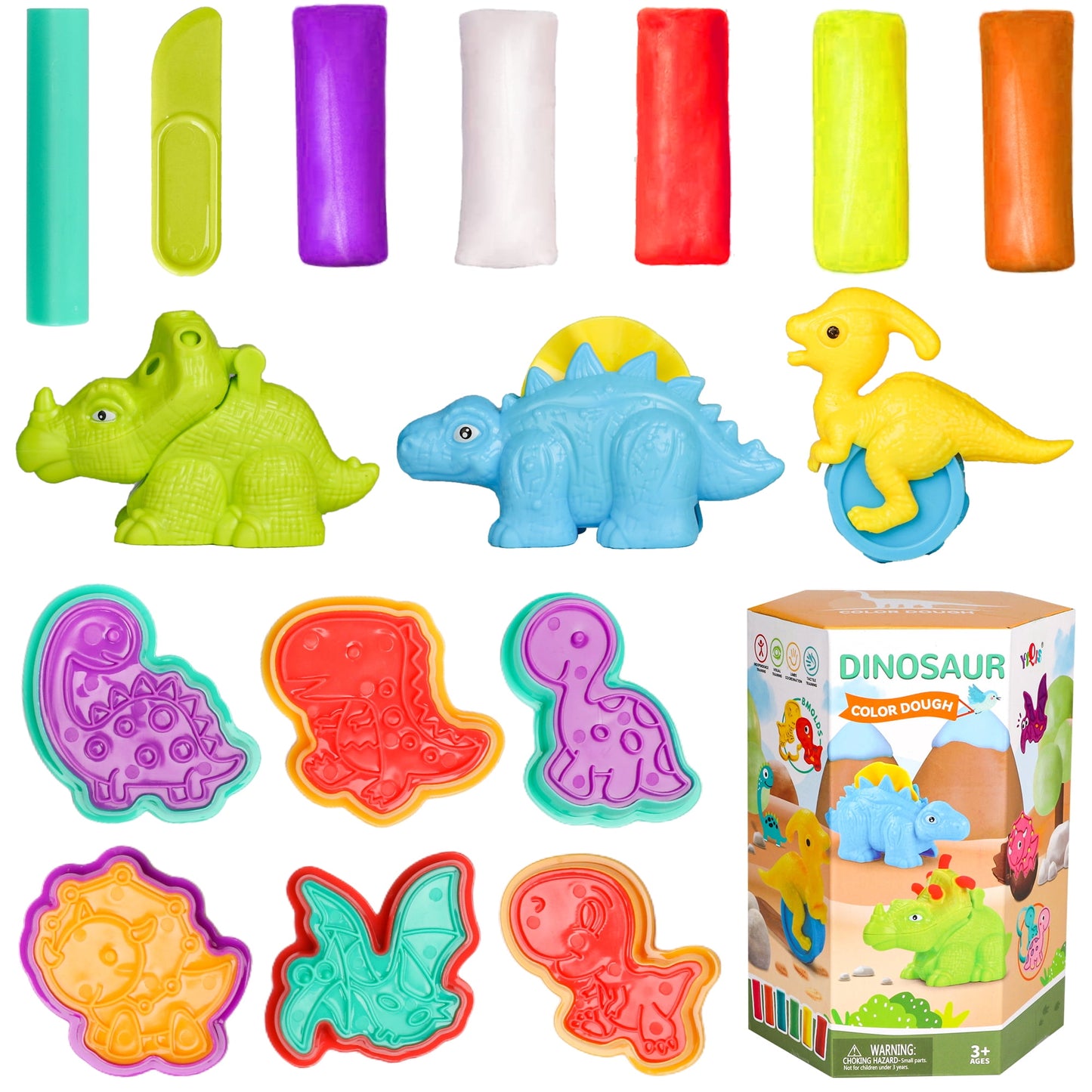 Color Play Dough Toys, Dinosaur World Play Dohgh Set for Kids 3-8 Years and Up with Creations Tools, Gifts for Boys Girls.