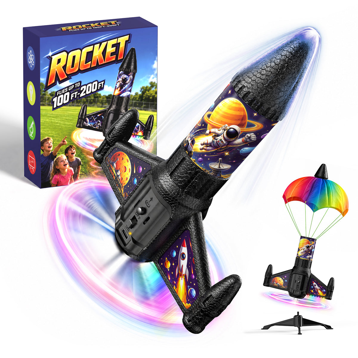 Rocket Launcher for Kids with LED, Rechargeable Rocket Toys for Kids 6-13 丨 Light Up Rocket Launcher for Kids, USB Rechargeable, 200ft Height, Auto Parachute, Outdoor Toy for Boy Girls Age 6-13 and up