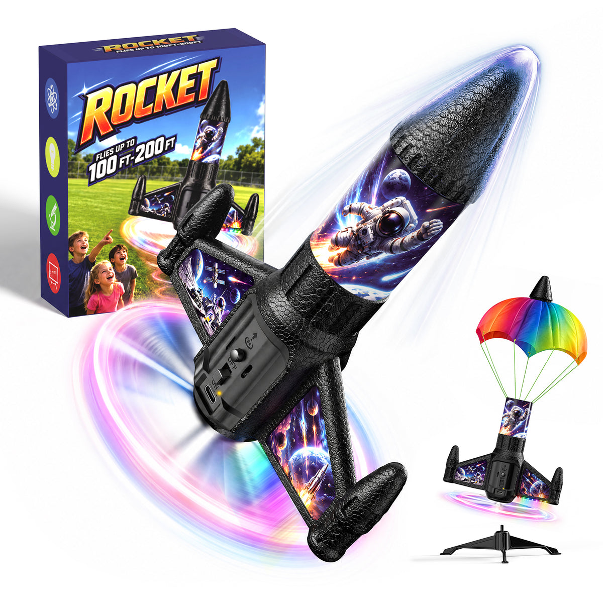 Rocket Launcher for Kids with LED, Rechargeable Rocket Toys for Kids 6-13 丨 Light Up Rocket Launcher for Kids, USB Rechargeable, 200ft Height, Auto Parachute, Outdoor Toy for Boy Girls Age 6-13 and up