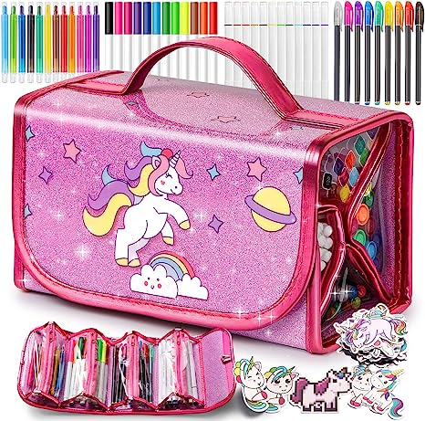 Pink Fruit Scented Markers Set, School Supply Kit 56 Pcs with Unicorn Pencil Case, Unicorn Gifts for Girls Ages 4-6-8, Art Supplies Christmas Birthday Gift for Kids 3+