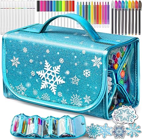 Blue Fruit Scented Markers Set, School Supply Kit 56 Pcs with Frozen Snowflake Pencil Case, Frozen Gifts for Girls Ages 4-6-8, Art Supplies Christmas Birthday Gift for Kids 3+