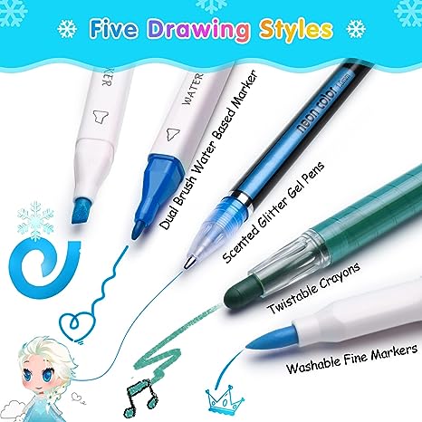 Blue Fruit Scented Markers Set, School Supply Kit 56 Pcs with Frozen Snowflake Pencil Case, Frozen Gifts for Girls Ages 4-6-8, Art Supplies Christmas Birthday Gift for Kids 3+