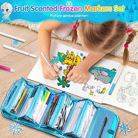 Blue Fruit Scented Markers Set, School Supply Kit 56 Pcs with Frozen Snowflake Pencil Case, Frozen Gifts for Girls Ages 4-6-8, Art Supplies Christmas Birthday Gift for Kids 3+
