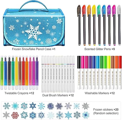 Blue Fruit Scented Markers Set, School Supply Kit 56 Pcs with Frozen Snowflake Pencil Case, Frozen Gifts for Girls Ages 4-6-8, Art Supplies Christmas Birthday Gift for Kids 3+
