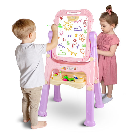 Beefunni Art Easel for Kids 3+, 4 in1 Double-Sided Easel for Toddlers, Large Magnetic Board, Portable Drawing White Board & Chalkboard, Art Supplies Birthday Christmas Gifts for Girls 3 4 5 6