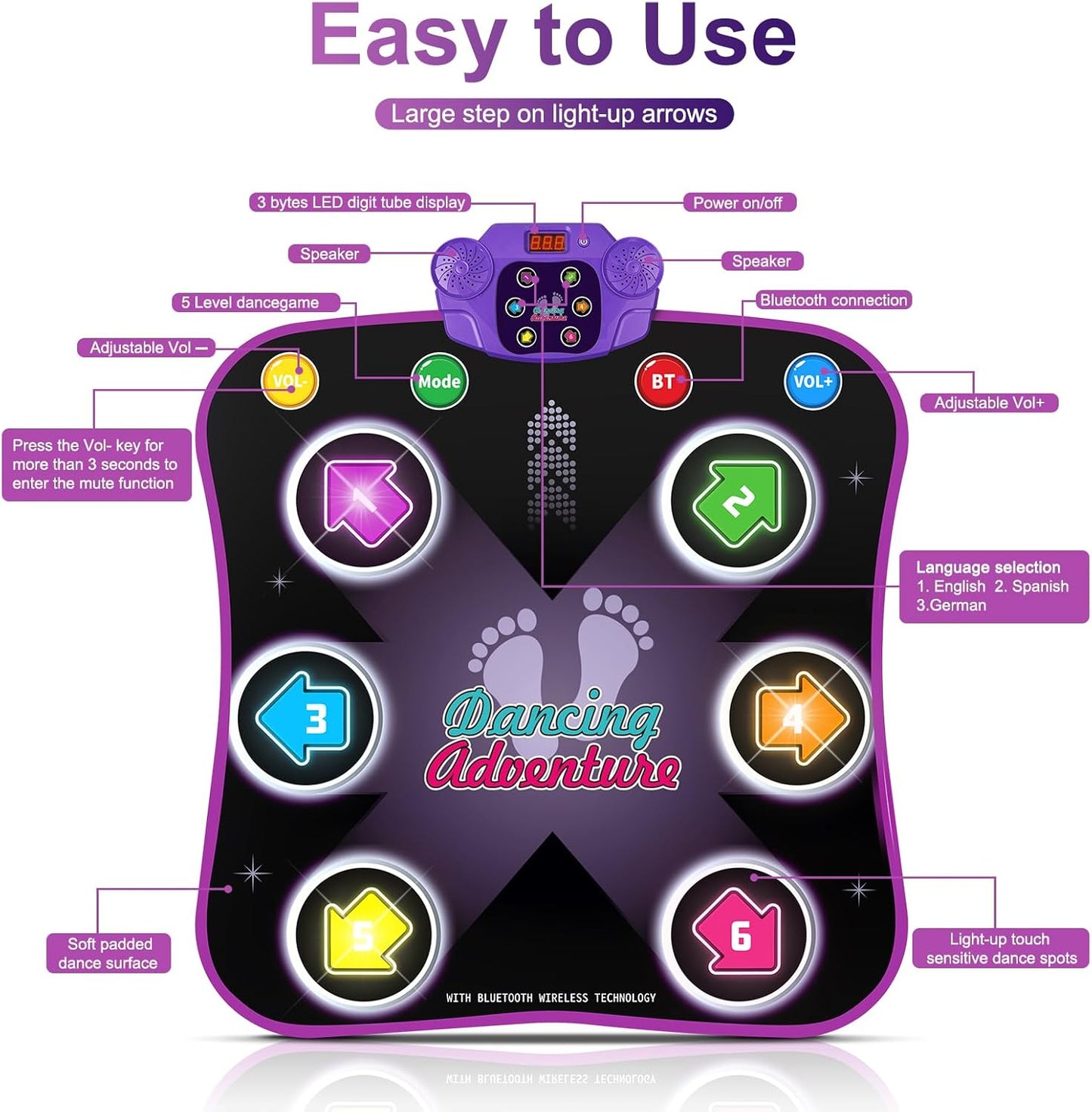 Dance Mat,Light Up Dance Pad with Wireless Bluetooth Music Dance Game Mat Christmas Gift for Girls & Boys Ages 3-6 Years Old