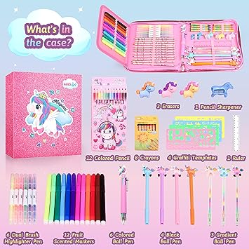 Fruit Scented Washable Markers Set with Glitte Unicorn Pencil Case, Art Supplies for Kids Ages 4-8
