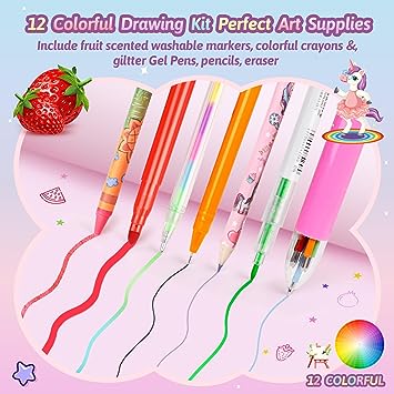 Fruit Scented Washable Markers Set with Glitte Unicorn Pencil Case, Art Supplies for Kids Ages 4-8