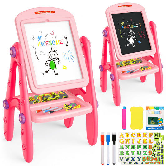 Beefunni 2 in1 Kids Easel,Pink, Drawing & Learning Board Gifts for Toddlers Girls 3-6 Years, Blackboard(Chalkboard)& Whiteboard(Magnetic) Christmas Gifts for Girls.