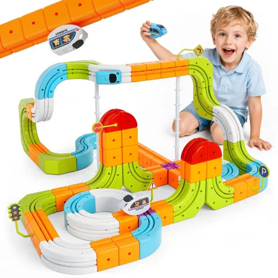 Beefunni Magnetic Train Set for Kids, 134-Piece 3D Gravity-Defying STEM Track with 2 USB Rechargeable Electric Trains, 9 Track Designs and Suction Cups, Building Toy Gift Ages 3+