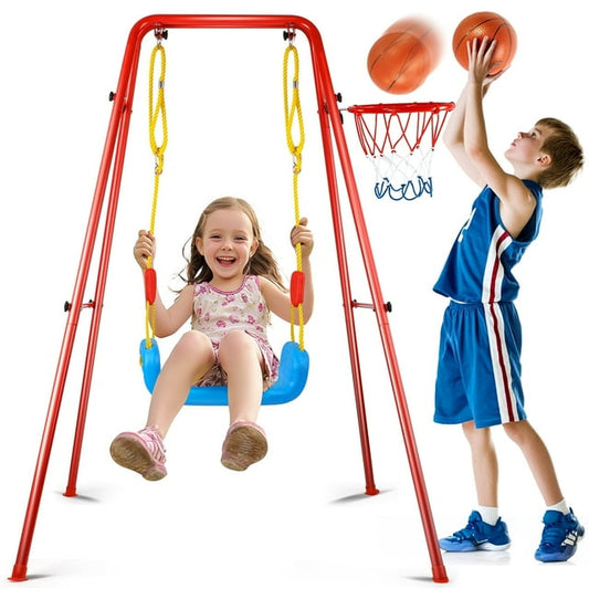 Beefunni 2 in 1 Swing for Kids, Metal Swing Set for Backyard, Outdoor Indoor Toy for Kids Children, Toddler Swing Set with Basketball Hoop , Alloy Swing Sets for Boys Girls
